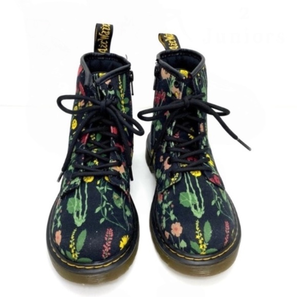 DR.MARTENS Juniors 1460 Wild Botanics Floral Fine Canvas Moto Boot Black Size 2J - Picture 2 of 11